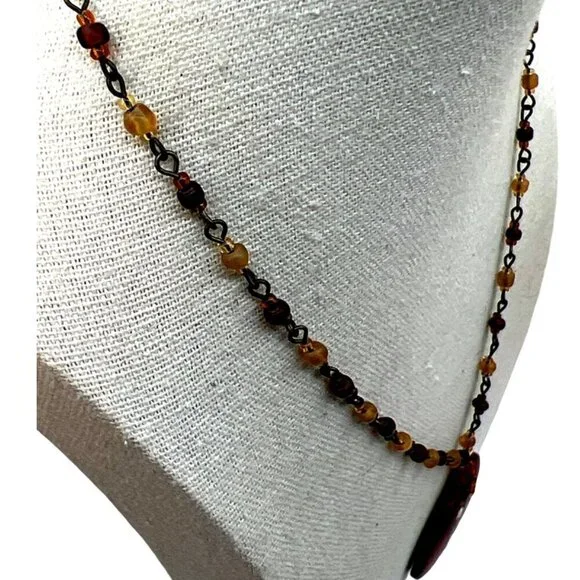 Vintage Hand-Painted Floral Pendant Necklace With Beaded Chain.  B44 - Picture 11 of 13